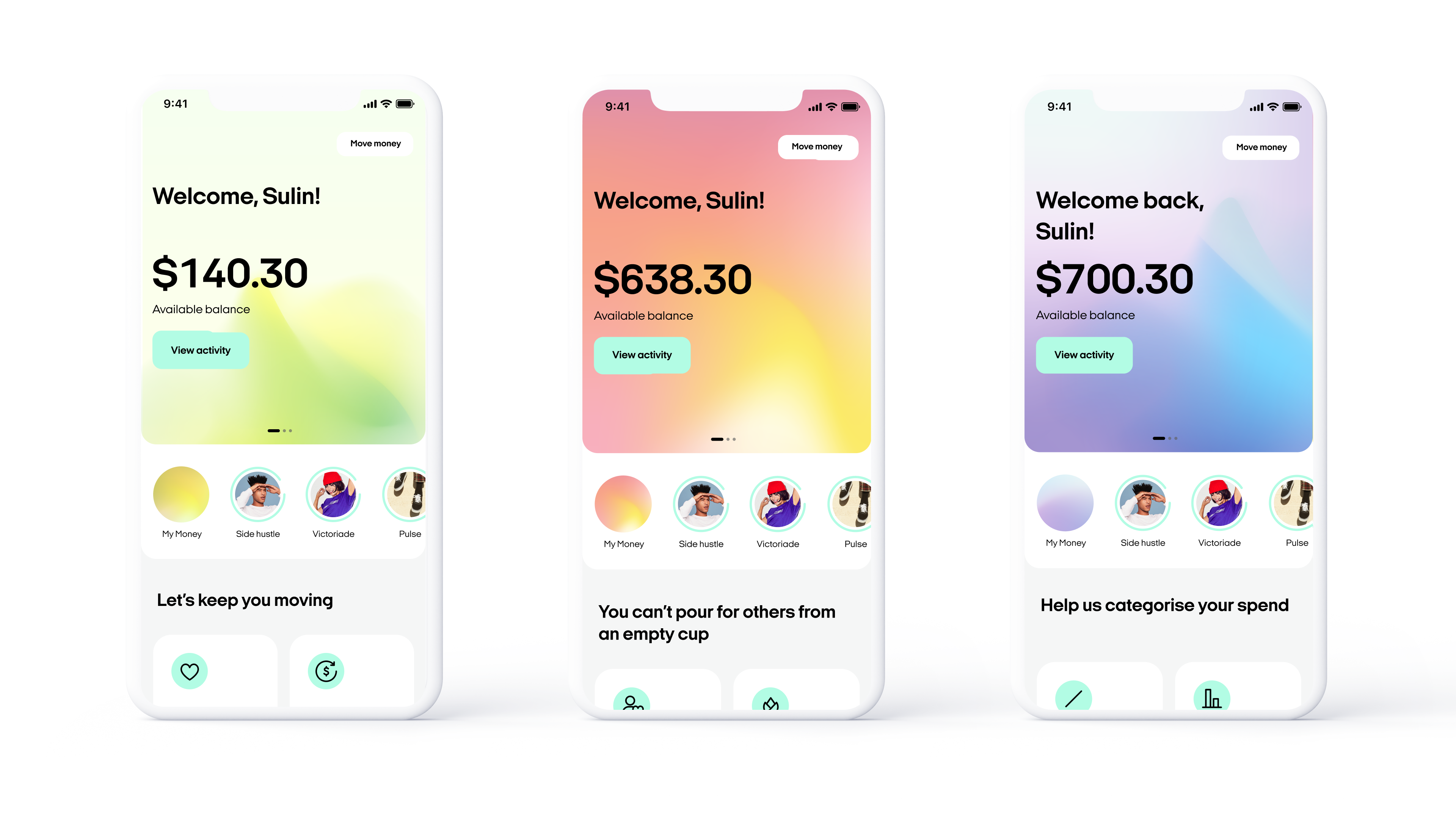 Three iPhone mock-ups of a conceptual Afterpay banking app, each greeting a user named Sulin and showing a different balance ($140 · $638 · $700) on pastel gradient dashboards, with a swipeable carousel of themed sub-accounts beneath the hero card.