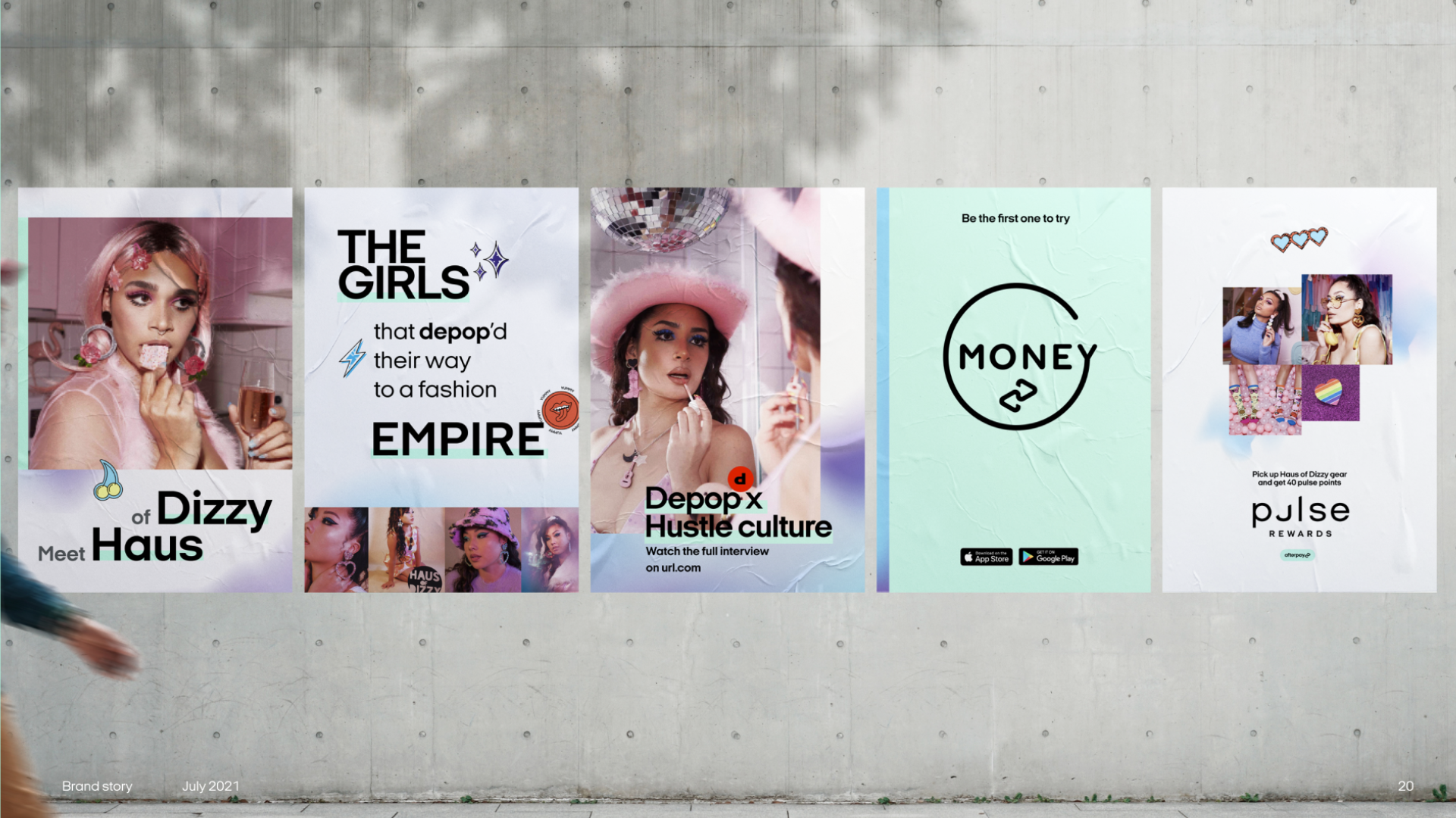 A set of posters in a street setting promoting Afterpay’s brand narrative, featuring taglines like "Meet Dizzy Haus" and "The Girls that Depop'd their way to a fashion empire."