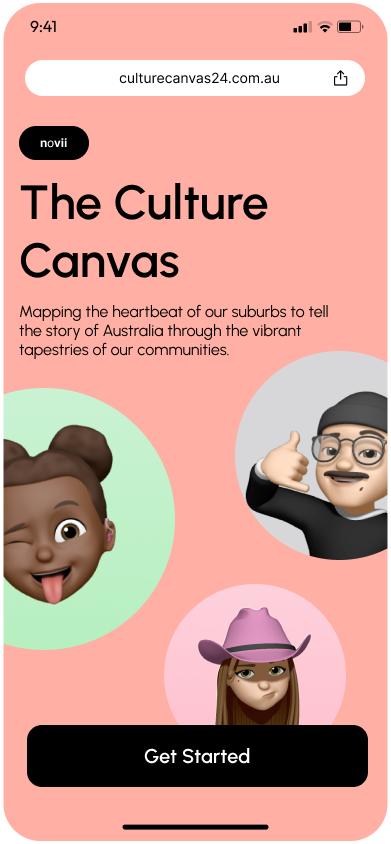 Landing page of Culture Canvas with the title 'The Culture Canvas', description about mapping suburbs, Memoji characters, and a 'Get Started' button