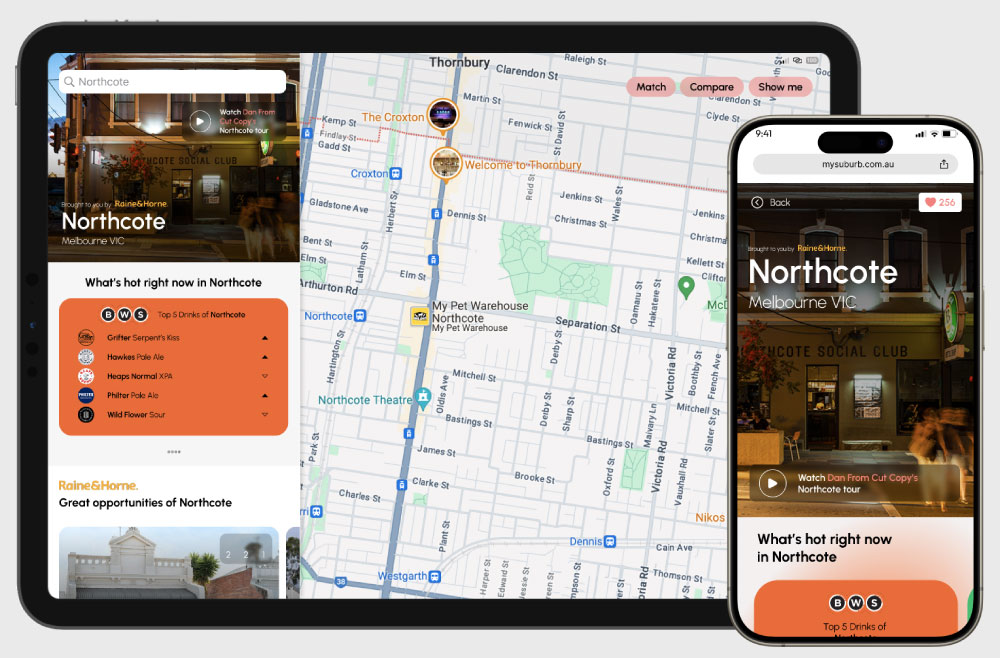 Tablet and smartphone displaying a website for Northcote, Melbourne. The screens show a map, local highlights, and a video link for a Northcote tour, with responsive design adapting to both devices.