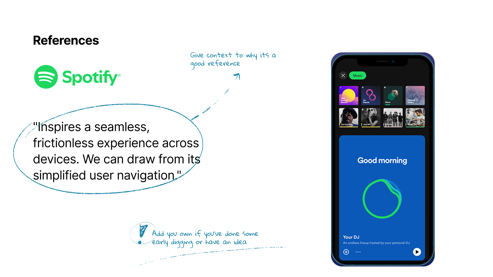 Slide showcasing Spotify as a reference for design inspiration. The slide includes the Spotify logo, a quote describing its relevance—'inspires a seamless, frictionless experience across devices. We can draw from its simplified user navigation'—and a smartphone mockup displaying the Spotify app interface. Annotations encourage providing context to explain Spotify's inclusion as a good reference and suggest adding personal notes if initial exploration or ideas are already underway. This layout emphasises the importance of cross-device functionality and user-friendly navigation in project design considerations.